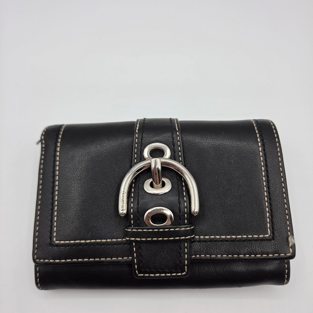 Coach Y2K Soho Black Leather Buckle Compact Trifold Wallet Silver Hardware